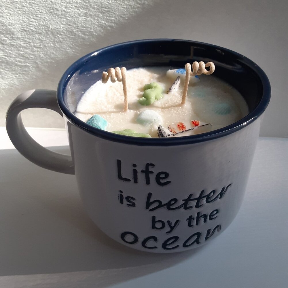 32 oz. Handcrafted 'High Tide' Soy Candle Mug w/Embeds
